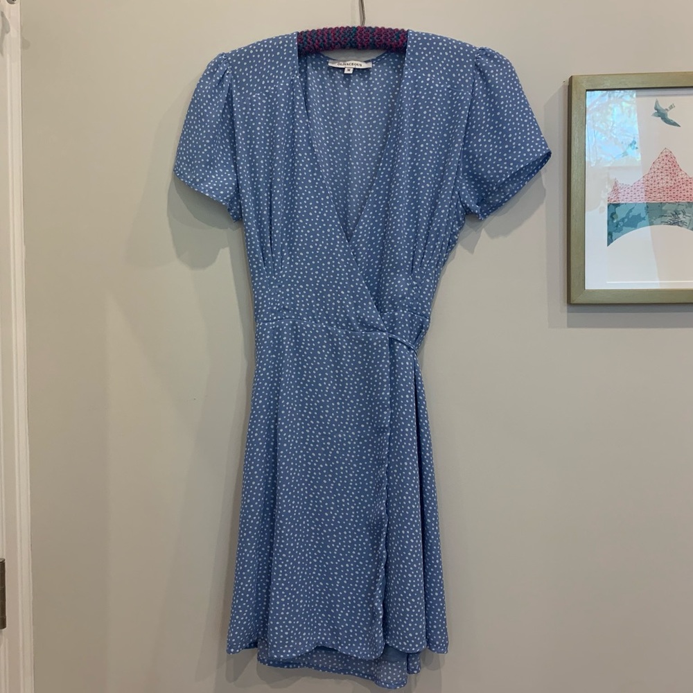 Olivaceous light blue polka dot wrap dress, size medium